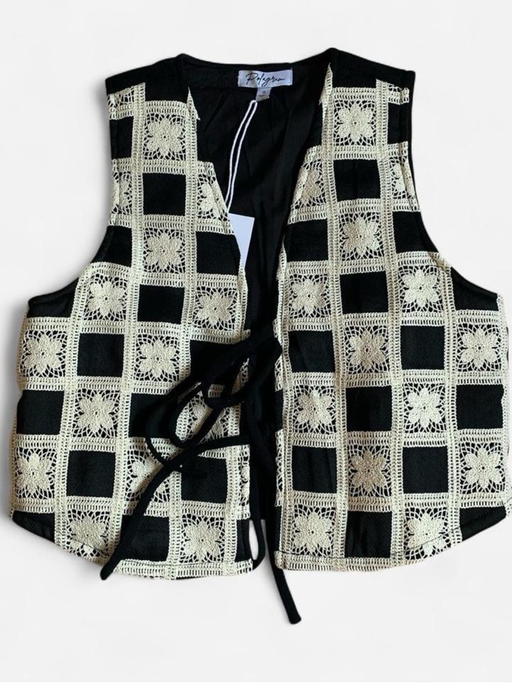 Polagram Black & Cream Crochet Tie Vest